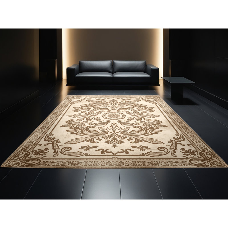 Tapis beige lavable à la machine Pavla, Rond 7 pi
