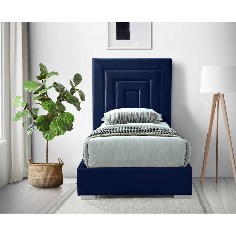 Nora Upholstered Low Profile Platform Bed, Twin, Navy Velvet