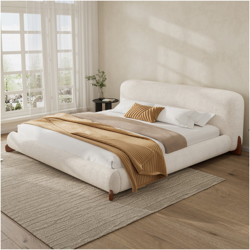 Très grand lit plateforme tapissier avec tête de lit épaisse Boucle, pieds en bois, blanc, Très grand lit