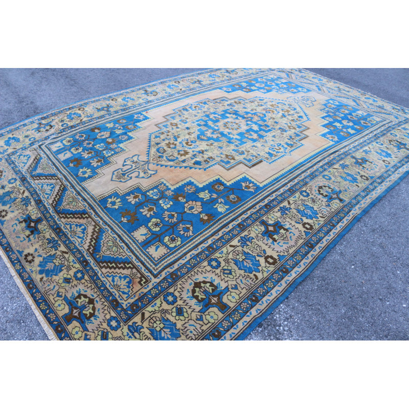 Exquis tapis turc bleu surdimensionné pour la décoration intérieure avec un design bohème rétro et un style tribal Oushak