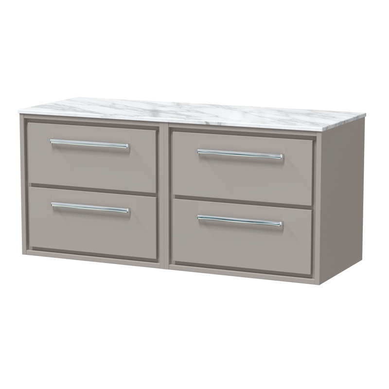 Hudson Reed Lille 1200mm Fern Green 4 Drawer Wall Hung Vanity Unit With White Marble Worktop, Pebble Grey, Carrara Marble