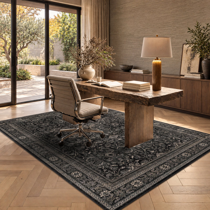 Tapis délavé lavable, antidérapant et doux, Black/Dark Blue, Rectangle 5'x7'