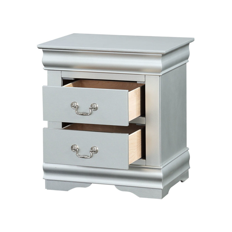 Platinum Finish Nightstand Iii - 2 Drawer Bedroom Piece With Smooth Center Metal Glide System Construction Featuring French Joints Modern Touch Nickel Handle Synthetic Wood Material 28.43 Lb Weight,