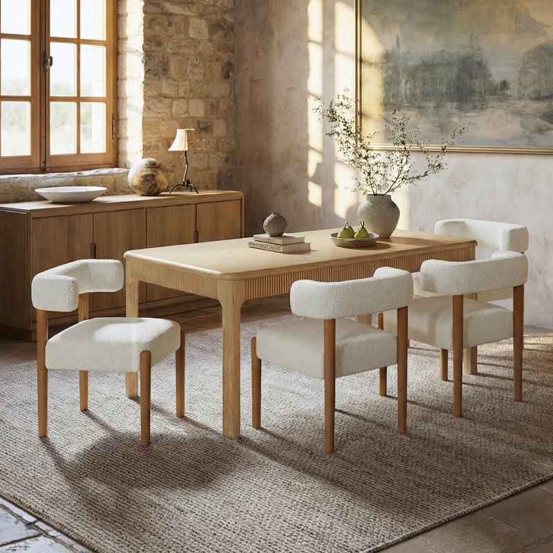 Waynesville Modern 72'' W Fluted Solid Wood Dining Table with Built-In Storage Drawers, Natural