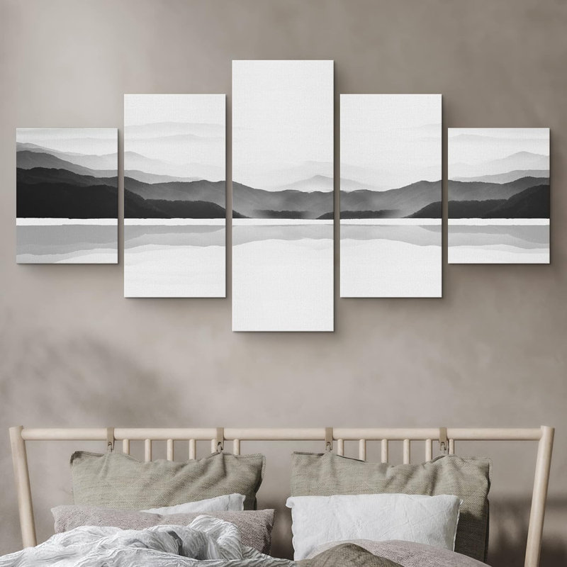 Abstract Landscape " Black White Grayscale Mountain Range Valley Lake View " 5 - Pieces