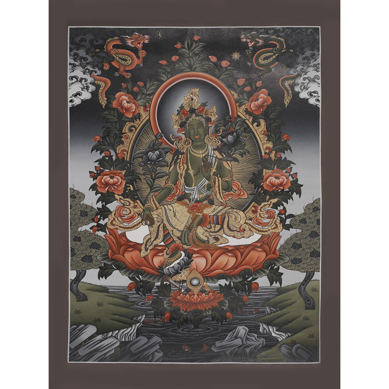Déesse verte, art mural bouddhiste tibétain peint à la main Tara Thangka, sans brocart, or pur 24 carats avec acrylique, 23,6 po x 17,3 po