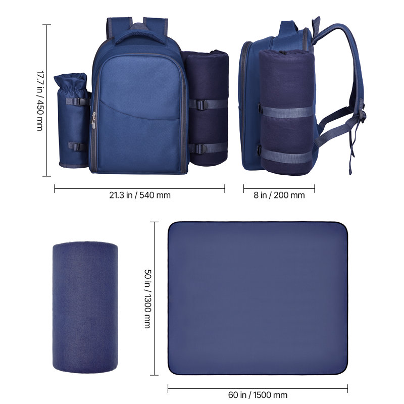 Beach Picnic Backpack Bag for 2 Person with Cooler Compartment Navy Blue
