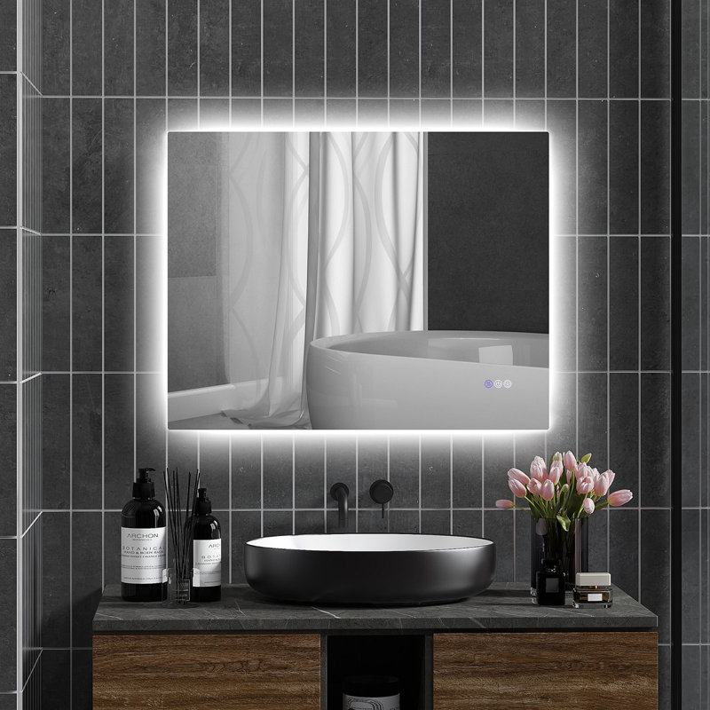 Miroir de salle de bain à DEL avec lumières, miroir à DEL rétroéclairé de 35 po x 28 po pour salle de bain avec antibuée, mémoire et température de couleur infinie, miroir de meuble-lavabo mural à intensité variable, placement horizontal / vertical