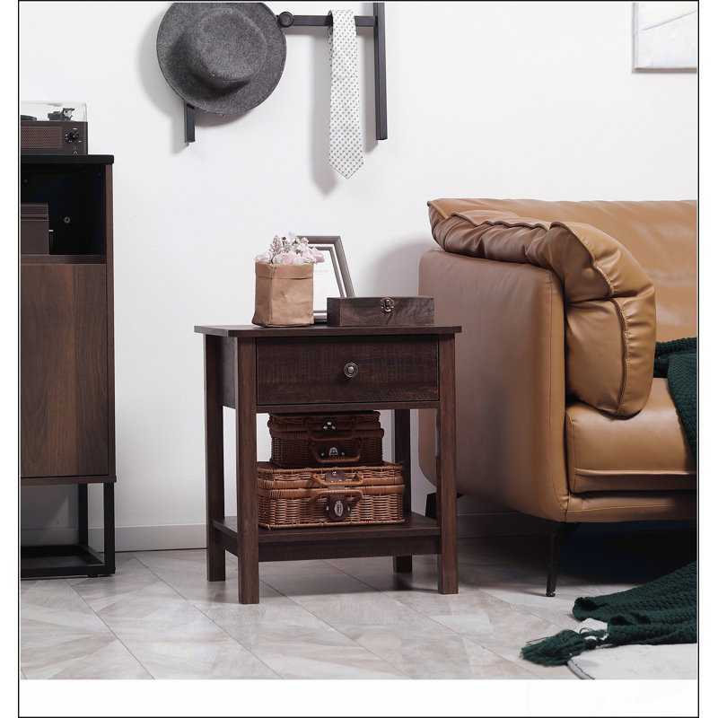 Table de bout avec tiroir, table d'appoint avec plateau supérieur et tablette inférieure pour petits espaces, foncé