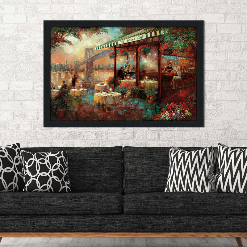 « the river cafe », reproduction de peinture à l’huile encadrée, H 35,5 po x l 51,5 po x P 0,75 po