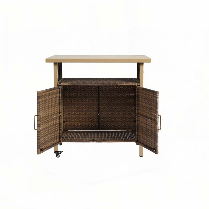 Outdoor Wicker Bar Cart, Patio Wine Serving Cart w/Wheels, Light Brown