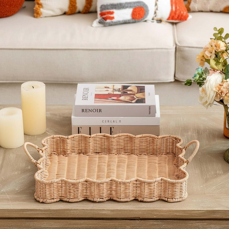 Scalloped Edge Rectangle Wicker Serving Tray with Handles, Decorative Coffee Table Tray, Waterproof, 1 Piece