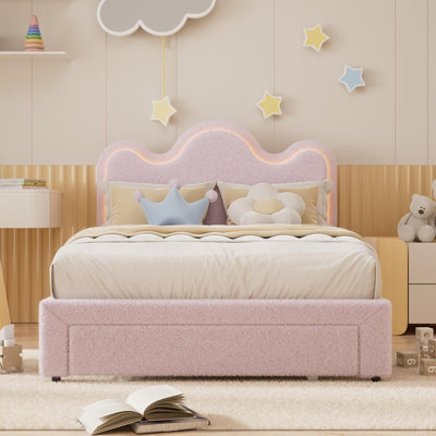 Full Upholstered LED Bed Frame With Storage Drawers Girls Bed With Flower Headboard
