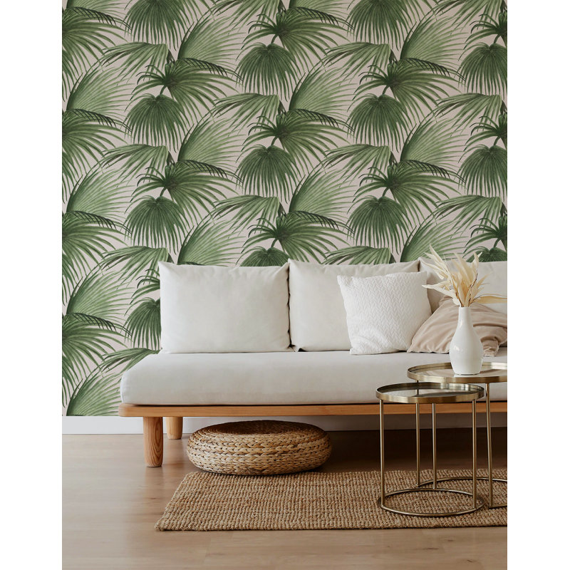 Pawley’s Island Palms Barely Wallpaper by Megan Molten, Green/Pink, Paper