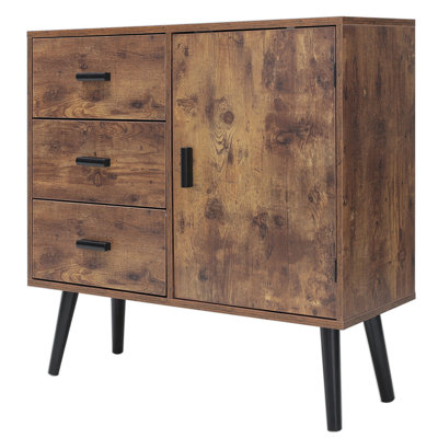 Armoire de rangement Mid-Century avec 3 grands tiroirs et 1 armoire latérale avec tablette réglable, buffet autoportant de L 31,5 po, armoire, commode à tiroirs, meuble télé pour salon brun rustique