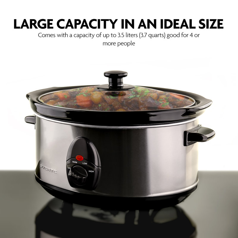 Silver 3.7 Quart Stainless Steel Slow Cooker with Glass Lid