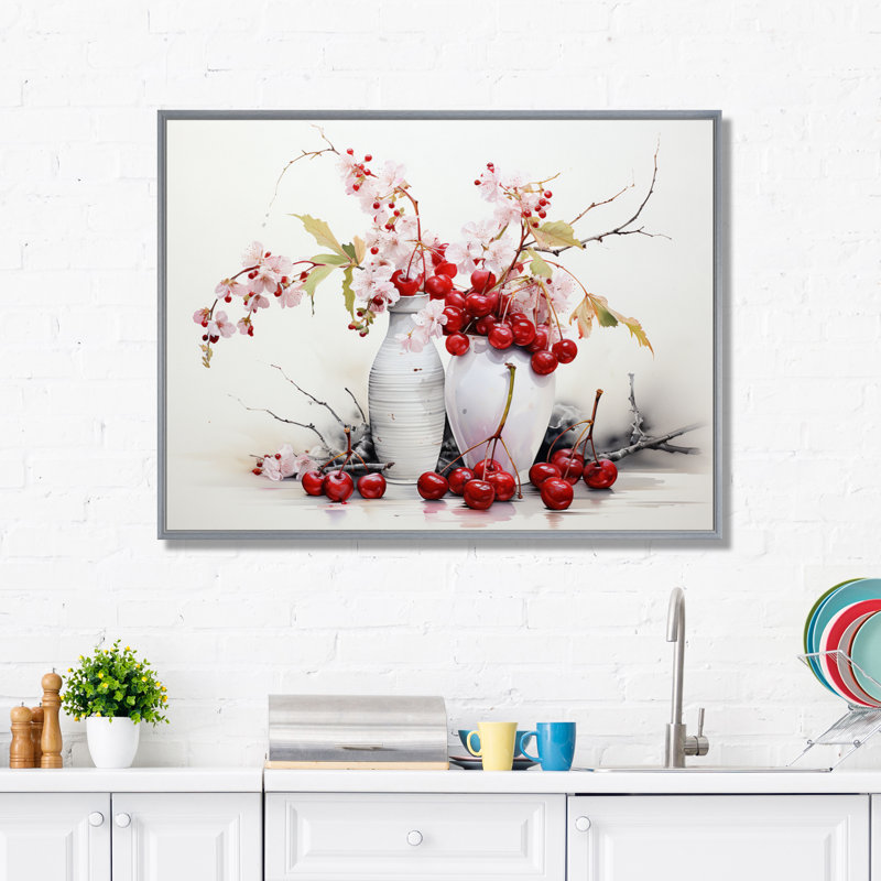 Cherry Simplicity - fruits, art mural, H 24 po x l 32 po x P 1 po, Encadrement argenté