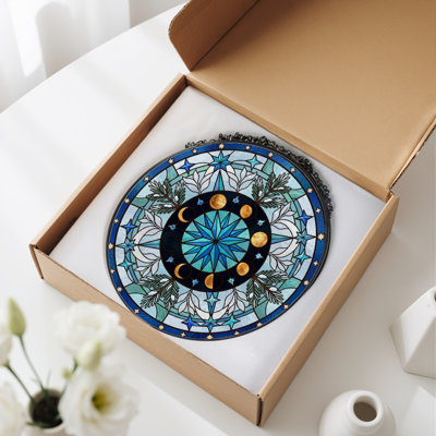 Moon Phase Stained Glass Window Panel，7.8H