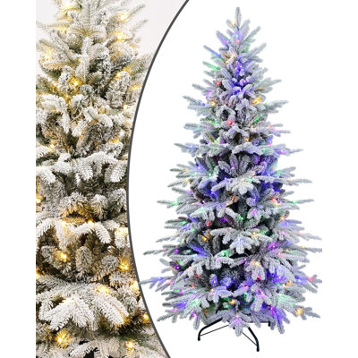 Pre-Lit Flocked Christmas Tree - Artificial Snow Frosted Christmas Trees With Colorful Lights & 1162 PE PVC Tips, Lighted White Christmas Tree With Snow, 9 Color Modes, Hinged Branches