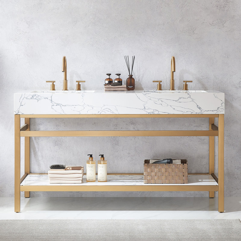 Meuble-lavabo double 60 po avec plateau en pierre d'ingénierie Wilde, Or brossé, Or
