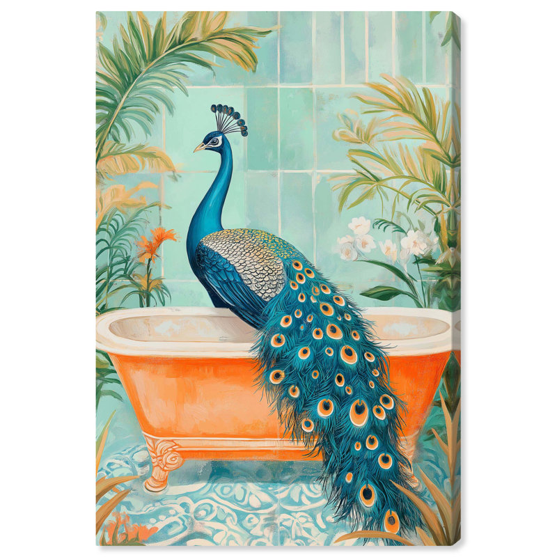 Elegant Peacock Bath Canvas Jungle Bathroom Art, Wrapped Canvas, 24" H x 16" W