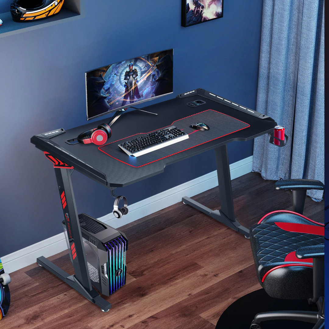 Computertisch RGB LED Ergonomischer Gaming Tisch Gaming Schreibtisch Schwarz