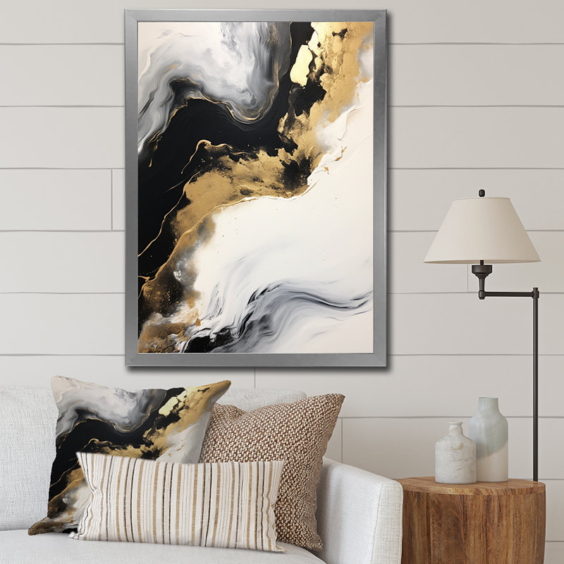 «Organic Bliss Minimal Abstract Gold and Black I», reproduction, Cadre simple argenté, H 32 po x l 24 po x P 1 po