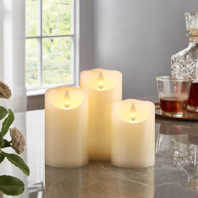 Wax Pillar Candles with Remote Timer, Melted Top Edge,3D Moving Flame Battery Operated LED Candles Up to 400 Hours, Set of 3, D3 x H4, 5", 6",Remote Included (Ivory with Scalloped Edge)