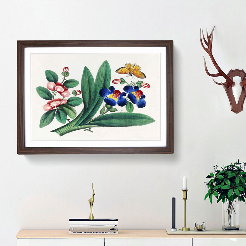 A Butterfly & Flowers - Framed Print, 33cm H x 45cm W x 2cm D, Walnut Framed