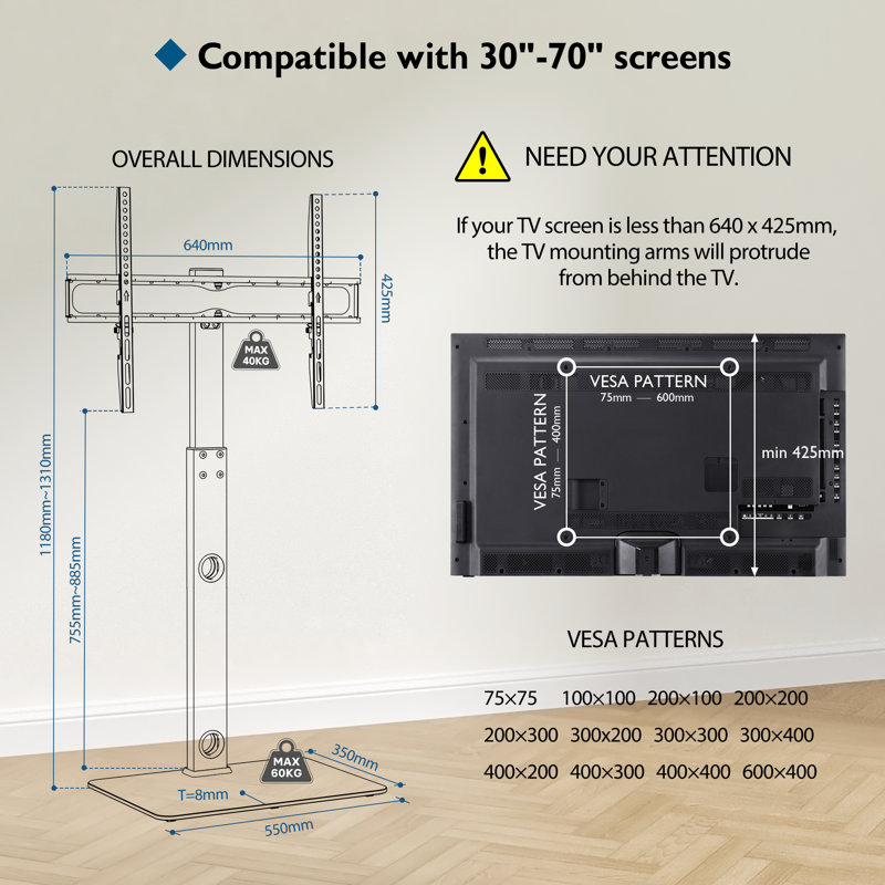 Universal Tall TV Floor Stand for 30-70 Inch Flat & Curved LED LCD OLED TVs, Height Adjustable Swivel Freestanding TV Stand Base, Holds up to 40kg, Max VESA 600x400mm
