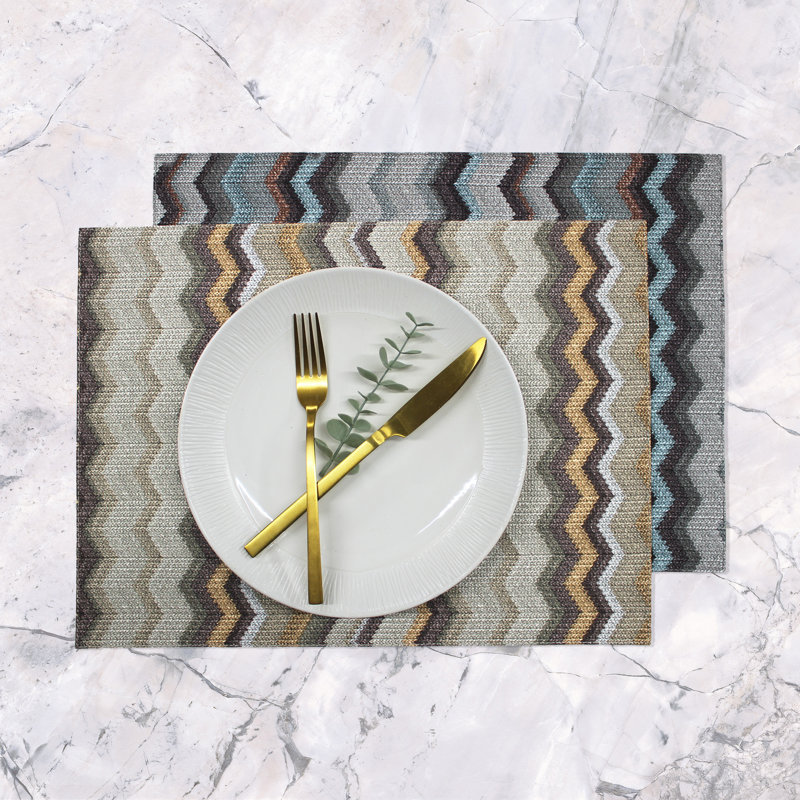 Morice Polyester Chevron / Zig Zag Rectangle Placemat, Blue/Brown/Grey