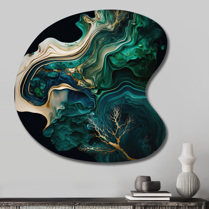 «Abstract Geode Marble I», art mural en métal de forme unique en marbre, impression d'art asymétrique vert en métal