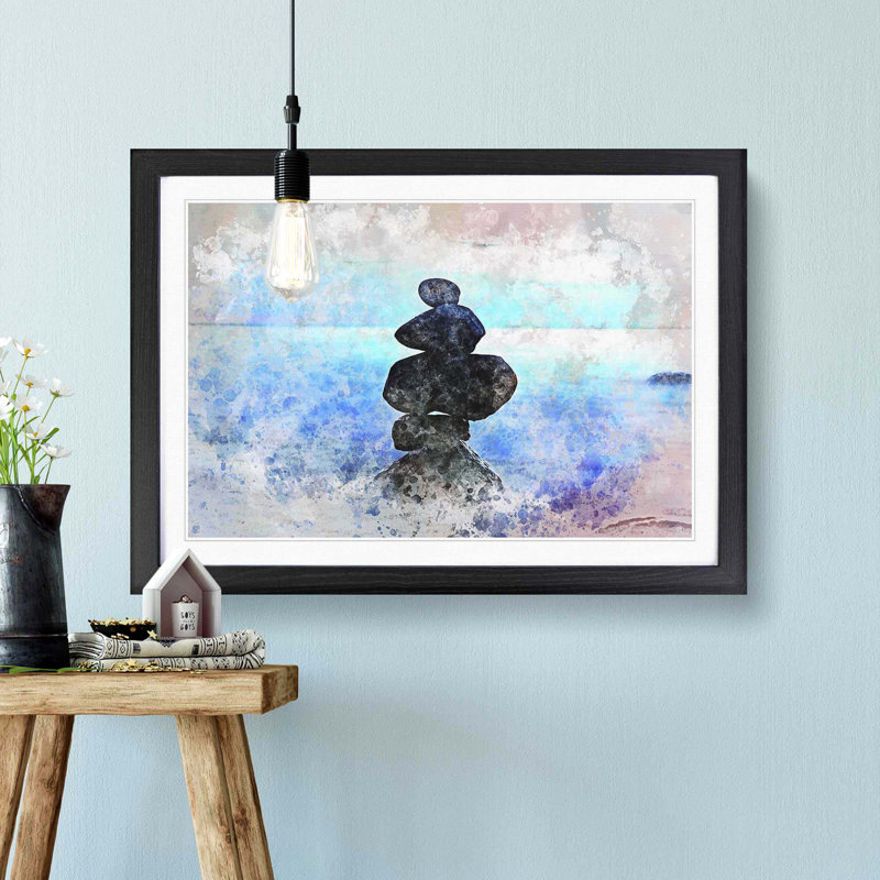 Balancing Zen Stones upon a Lake in Abstract - Picture Frame Painting Print on MDF, 62cm H x 87cm W x 2cm D, Black Framed