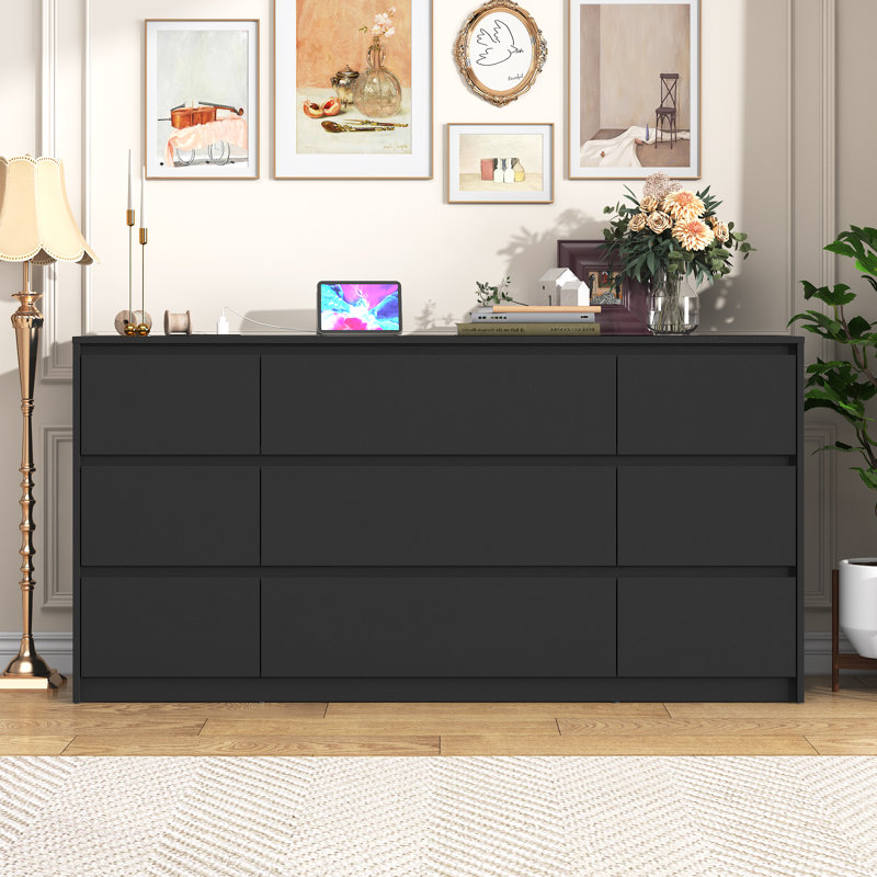 9 - Drawer 63.1" Dresser With 2 Sockets, 2 USB Ports And 1 Fast-Charging Type-C Port, Black