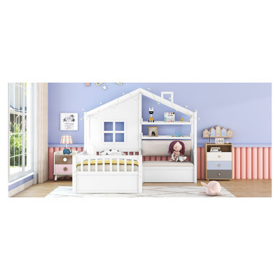 Lit simple blanc pour enfant avec canapé - lit plateforme avec 2 tiroirs et tablette de rangement pour la chambre à coucher
