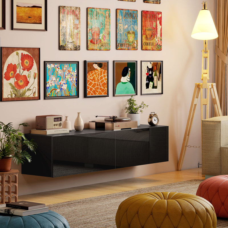 Meuble télé flottant avec rangement pour téléviseurs de 45, 55 et 65 po, Noir