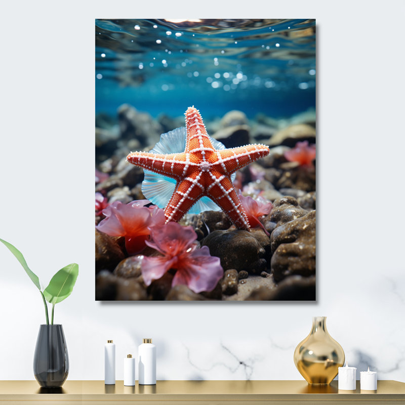 Corail bleu sarcelle étoile de mer - étoile de mer, reproduction d'art en métal, H 20 po x l 12 po x P 1 po