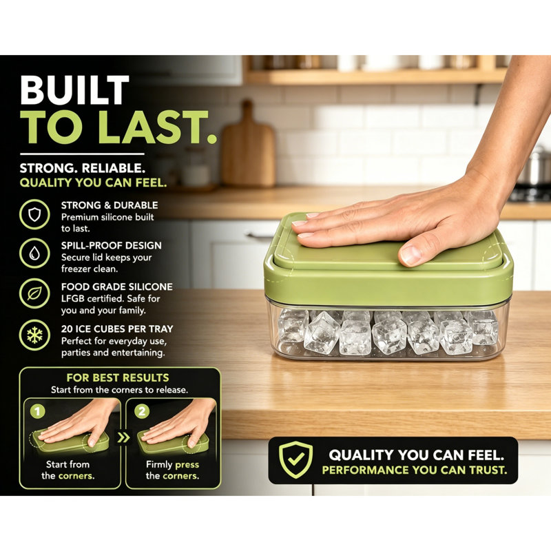 2 Pack Silicone Ice Cube Trays with Lids, Spill-Proof Stackable Design, Sturdy Reusable Freezer Trays, 20 Cubes Each Tray, Green