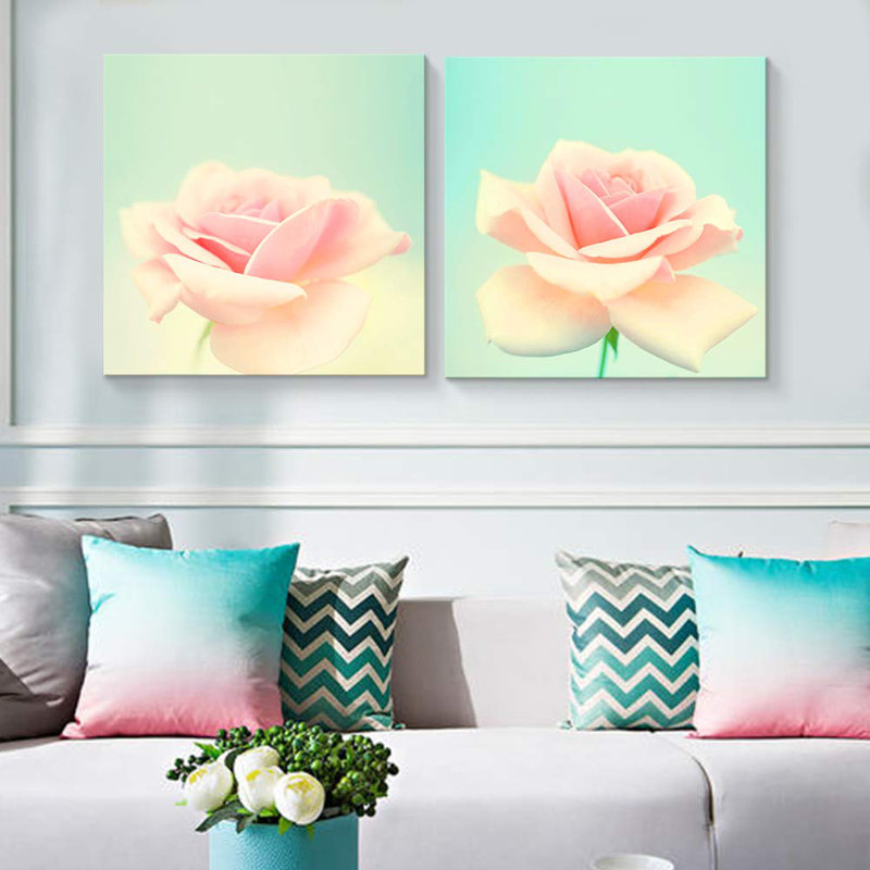 "Flower Blossom" de style rétro rose sur fond vert sur toile, 2 pièces, H 12 po x l 24 po x P 1,5 po