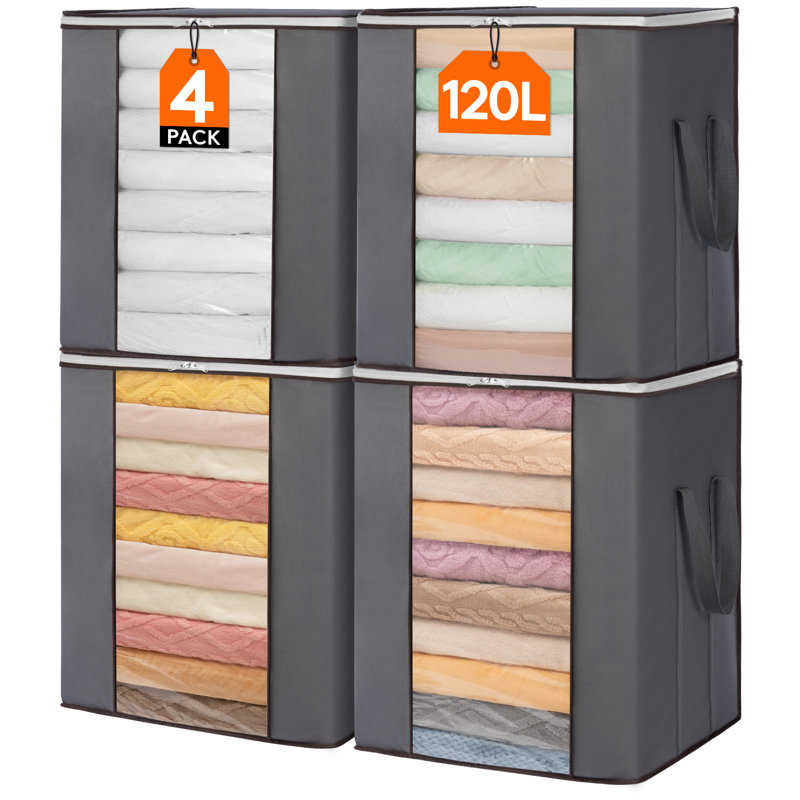 Très grands sacs de rangement pour couvertures 120L, rangement pour édredon pliable avec poignées renforcées, contenants de rangement pour édredon très grand, literie, oreiller, drap, bac de rangement avec couvercles, paquet de 4
