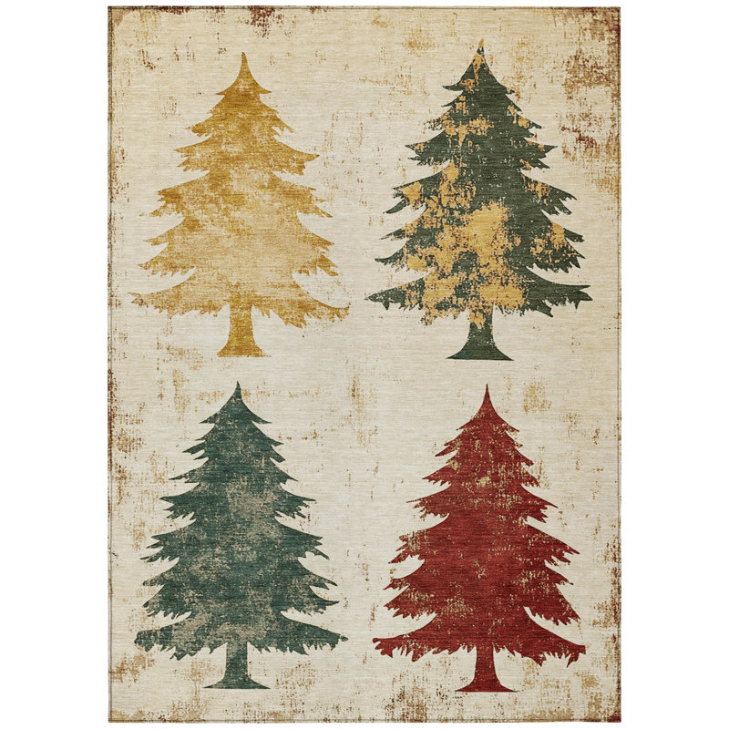 Ivory Synthetic 5' x 7' Washable Rectangular Rug with Tree Design