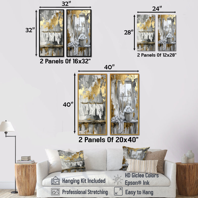 «Gray Laundry Day Laundry III» - ensemble d'art mural 2 pièces, Toile tendue, H 28 po x l 24 po