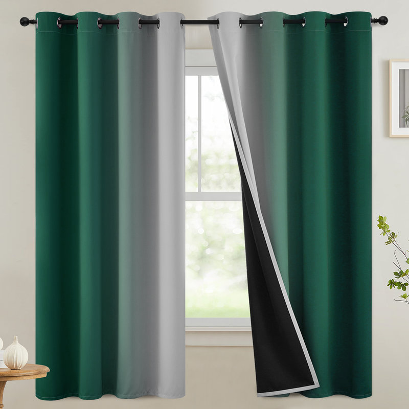100% Blackout Ombre Curtains,Room Darkening Grommet Gradient Drapes for Bedroom, Dark Green, 52" W x 63" L