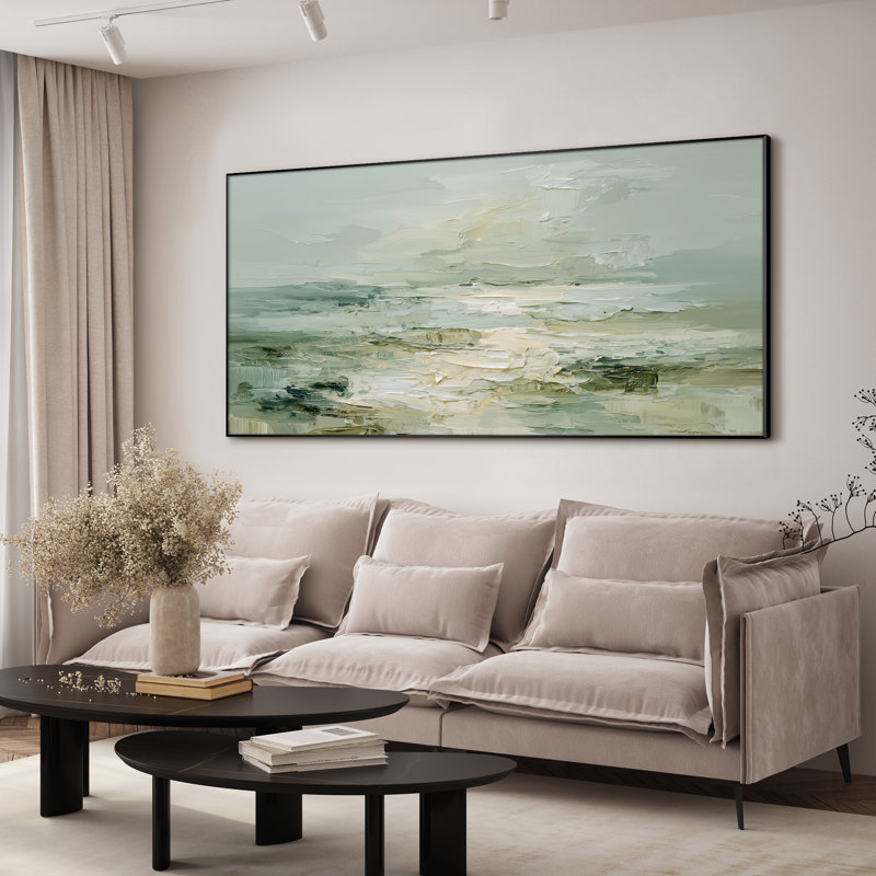 Très grande reproduction d'art sur toile - Horizon côtier vert tendre avec un pinceau superposé, mélange d'œuvres d'art pour le salon ou la chambre à coucher - «Assemblage requis du cadre (cadre non fini)»