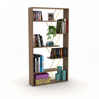 Wood Frame Etagere Open Back 6 Shelves Bookcase Industrial Bookshelf for Office and Living Rooms Modern Bookcases Large Bookshelf Organizer, Walnut/Yellow
