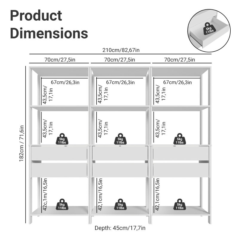  Étagère de rangement pour garage avec 6 tiroirs et tablettes ouvertes L 82 po, Blanc