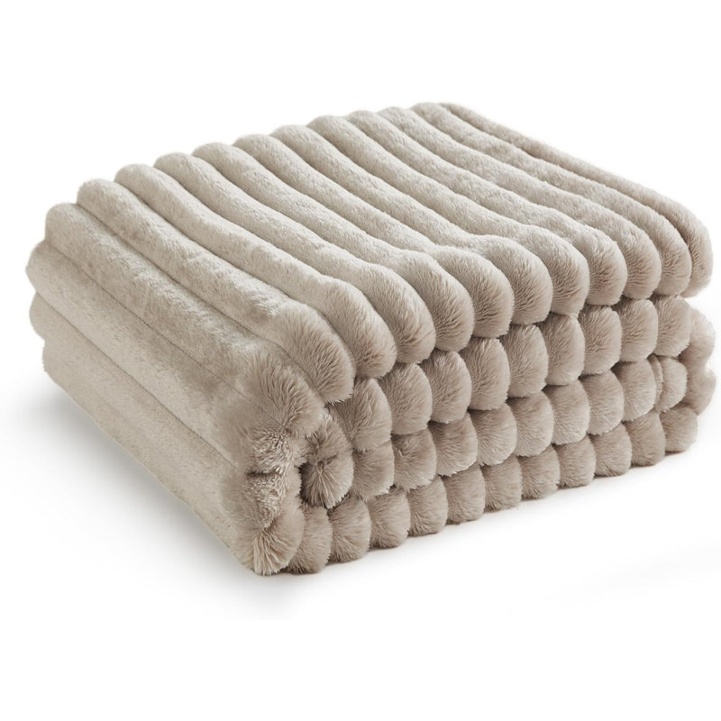 Bedsure Super Soft Fleece Blanket with Classic Stripe Pattern, Throw, Beige