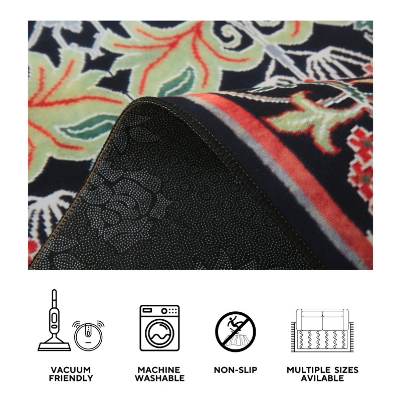 8X8 Square Black William Morris Machine Washable Area Rug with Built-in Padding Non-Slip Backing, Rectangle 6' x 9'