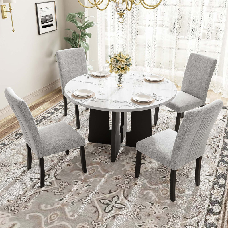 5-Piece Round Dining Table Set, White, Gray