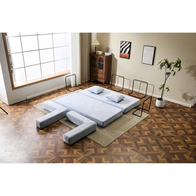 Lit convertible de compression bleu à 3 places, canapé futon avec dossier coussiné, accoudoirs et tissu chenille pour le bureau Chill Comfy Tv Time